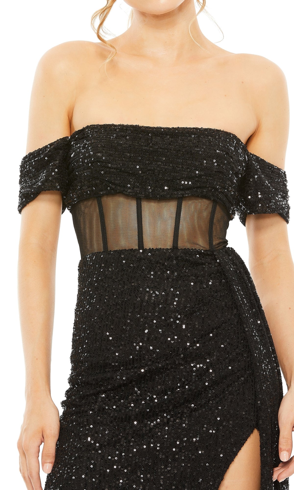 Woman wearing the Long Formal Dress 11665 by Mac Duggal, featuring an off-the-shoulder sequin design with a sheer mesh midsection and thigh-high slit—perfect for any formal occasion.
